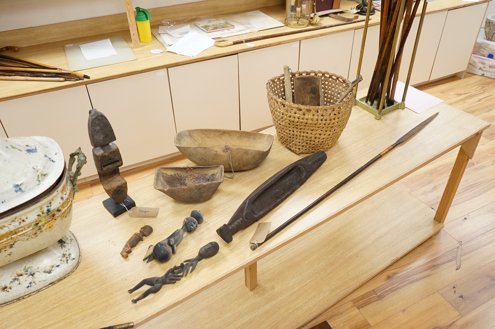 A collection of various walking sticks, some silver mounted and a brass stick stand, 67cm high